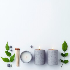 Two lit grey candles with a small unlit candle, matches, green leaves, and small dark stones arranged on a white surface with soft natural light.