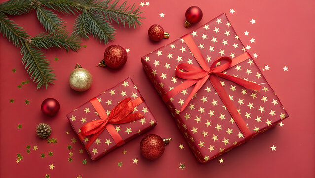 Vibrant Christmas scene with red gifts, gold ornaments, and pine branches on a red backdrop, ideal for holiday greetings and festive celebration themes