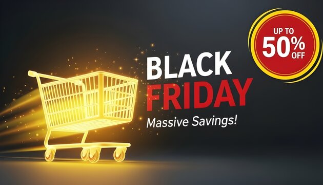 BLACK FRIDAY MASSIVE SAVINGS” with glowing text and motion-blur cart—dynamic, urgent, and built for high-impact retail.