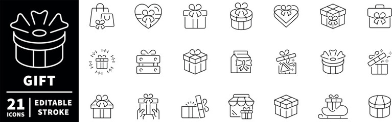 Gift and celebration icons set. editable line icons, outline, holiday symbols
