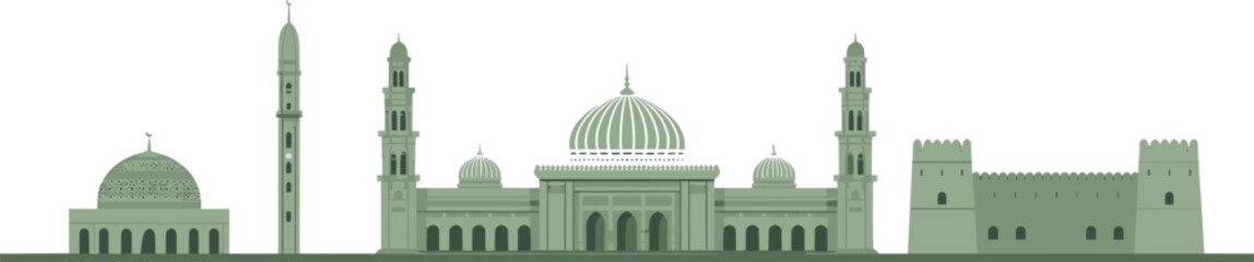 Middle Eastern architecture vector, mosque complex, domes and minarets, Islamic design, green symmetrical art, cultural landmark illustration