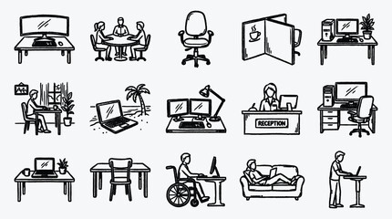 Workspace doodle icons depicting office desks and work from home settings
