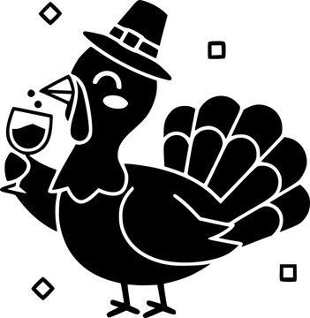 Cartoon happy cute thanksgiving turkey bird drinking wine after meal. Design for Thanksgiving Day. Vector illustration
