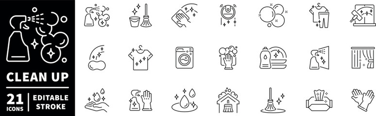 Cleaning icons set. editable line icons for housekeeping and sanitation