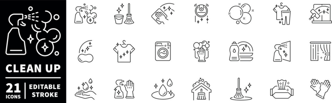 Cleaning icons set. editable line icons for housekeeping and sanitation