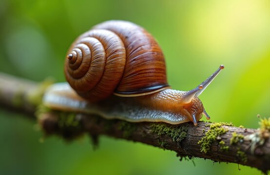 Large snail with brown shell moves slowly on mossy tree branch. Closeup macro view shows creature with tentacles extended against green blurred background. Nature detail reveals gastropod life.