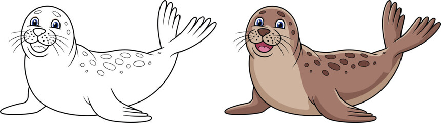 Seal cartoon illustration, line to color, animal character, flipper pose, cute marine mammal, transformation art, children’s design.eps