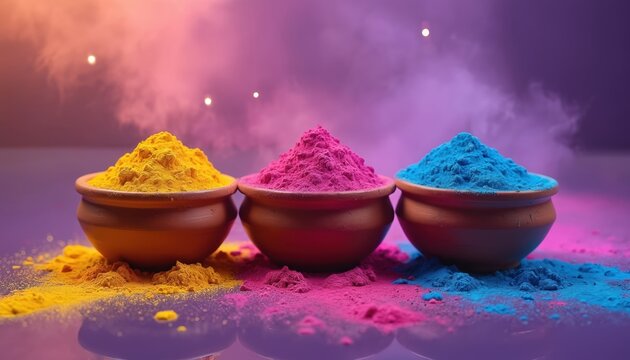 Three bowls overflow with vibrant holi powder in yellow, pink, blue hues on purple surface. Colorful dust signifies joy, celebration, Indian culture, perfect for festive themes. Evokes happiness,