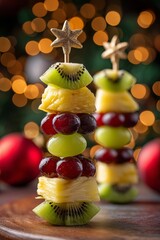 Kiwi, grapes and pineapple stacked on skewers form tiny Christmas trees under warm festive light and shiny ornaments.