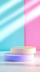 Two circular podiums, one purple and one cream, stacked and illuminated by soft, diffused light casting diagonal shadows. The background is split into pastel bl