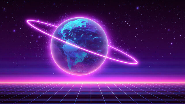 Glowing neon Earth with ring orbits in retro futuristic style against starry space background, evoking sense of nostalgia and wonder