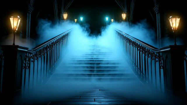 Eerie staircase with glowing lanterns and mysterious fog invites exploration