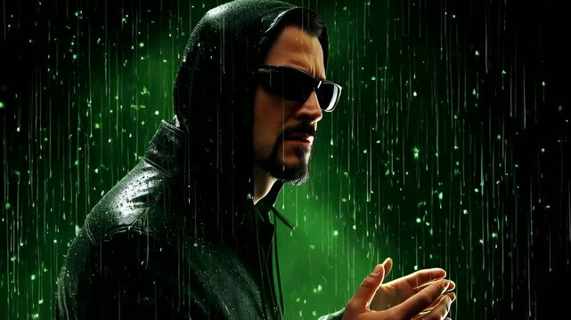 Man in hooded jacket with sunglasses stands in falling digital code rain
