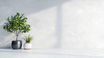 Two potted plants, one large and leafy, the other smaller and spiky, sit on a light-colored surface. A textured white wall behind them is illuminated by soft, d