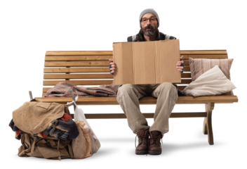 Homeless Man Sitting on Wooden Bench Holding Blank Cardboard Sign on White Background