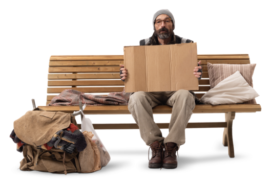 Homeless Man Sitting on Wooden Bench Holding Blank Cardboard Sign on White Background