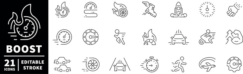 Speed and boost icons set. editable line icons, outline, speedometers, fast action