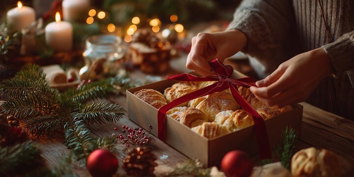 Female hands tie a red ribbon around a box of homemade pastries as pine branches and ornaments scatter across the table in warm evening light. - Powered by Adobe