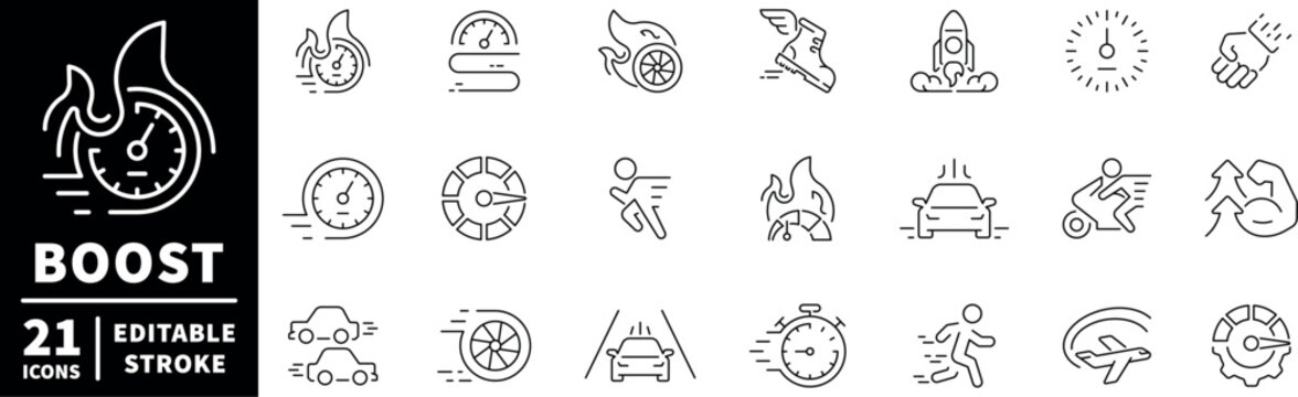 Speed and boost icons set. editable line icons, outline, speedometers, fast action