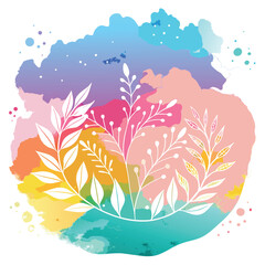 Watercolor background with white floral elements, colorful design, abstract art.