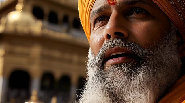 Devoted Sikh man, eyes closed in prayer, seeking spiritual enlightenment motion