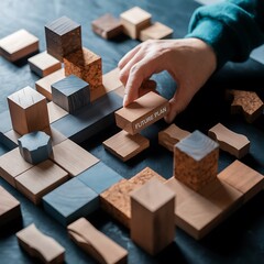 Hand arranging glass blocks with innovation vision education growth words at sunset