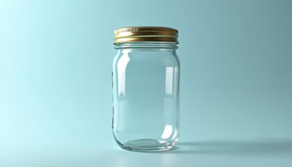 Clear glass jar with shiny gold screw lid stands on blue background. Empty vessel for preserves, food storage, or DIY crafts. Simple clean container offers versatile use.