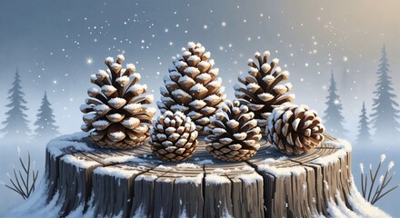 Snow-covered pine cones on tree stump, winter forest scene