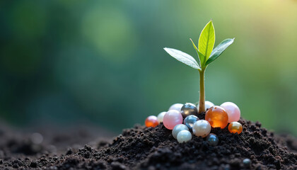 Young green plant sprout emerges from rich soil. Colorful shiny pearls surround small seedling base. Concept represents new life precious growth, sustainable investment. Visualizes beginning hope,