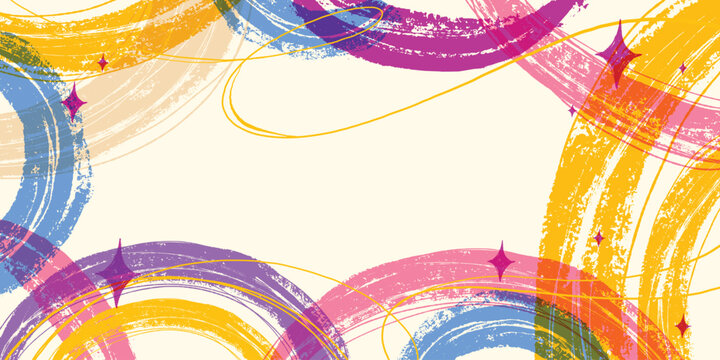 Hand drawn Grunge Background with Bulky Multicolored Lines. Vibrant brush strokes, abstract paint swirls and bright scribble curves with spark accents on beige backdrop. Perfect for media, posters - Powered by Adobe