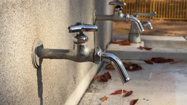 Row of Outdoor Park Faucets with Autumn Leaves
