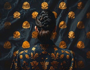 A stylish individual with braided hair looking at a luxurious dark backdrop adorned with elegant