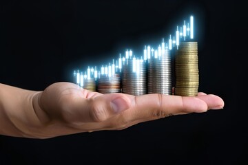 Hand growth arrow symbol business up background with rising stock chart, investment fund growth, global currency market, retirement savings, investor profit, financial opportunity development diagram