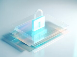 translucent padlock floating above layered glass-like sheets in minimalistic futuristic digital setting with soft lighting and ample empty space for text concept of security technology innovation