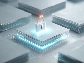 metallic padlock on glowing digital layers in futuristic high-tech setting with cool tones and ambient lighting ample space for text overlay concept of security technology innovation
