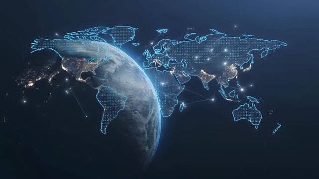 A global network concept with glowing digital map outlines and interconnected points over a realistic Earth from space, illustrating worldwide communication and data transfer.
