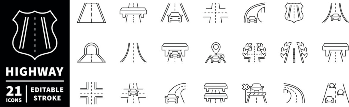 Highway icons set. editable line icons, outline, road and traffic symbols