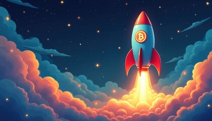 Rocket with Bitcoin symbol launches into starry night sky amidst colorful clouds. Represents crypto growth, innovation, and financial success in a fantasy setting, inspiring new ventures.