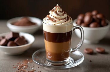 Bicerin is served in glass. Layered italian hot drink with espresso chocolate, whipped cream. Beside glass bowl with chocolate. Creamy dessert on table in cafe. Good drink for breakfast, gourmet food.