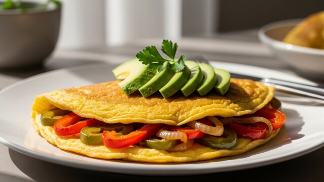 A beautifully plated golden omelette topped with sautéed red bell peppers and onions, sprinkled with dried herbs. The dish is captured in warm natural light, accompanied by fresh cherry tomatoes. - Powered by Adobe