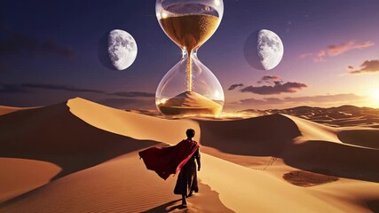 Desert Traveler's Epic Journey: Giant Hourglass and Moons at Twilight - Powered by Adobe