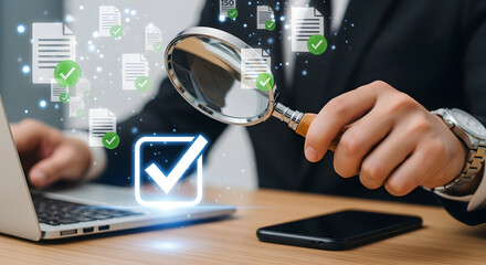 A businessman is seen using a magnifying glass to verify documents and ensure quality control, compliance, and accuracy in a modern office setting.