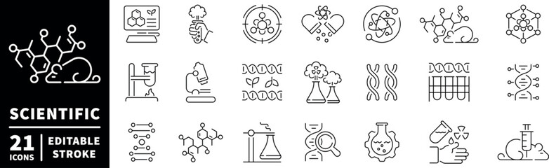 Science and research icons set. editable line icons, outline, lab and data symbols