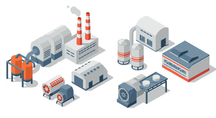 Obraz premium Isometric industrial buildings and factories set with chimneys and machinery