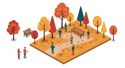Isometric park walk in autumn with colorful trees and people engaging in leisure activities