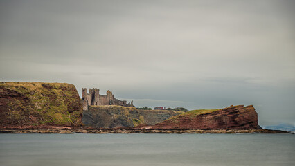 Ruins of Tantallon Castle from Seacliff Beach, which is located in the Firth of Forth on the east coast of Scotland near North Berwick