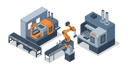 Obraz premium Modern industrial automation equipment with conveyor and robotic arm in isometric style