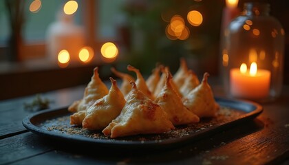 Golden fried samosas sit on dark wooden plate in cozy room. Dim evening light creates warm bokeh from decorative lights, glowing candle. Traditional Indian street food snacks delicious, ready to