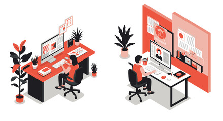 Remote workspaces in isometric design: modern home office setups