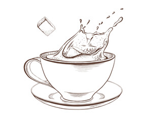 Coffee cup with splashing liquid as a sugar cube drops inside.Dynamic monochrome illustration with ink textures and contrast.For coffee brands,cafe and food packaging